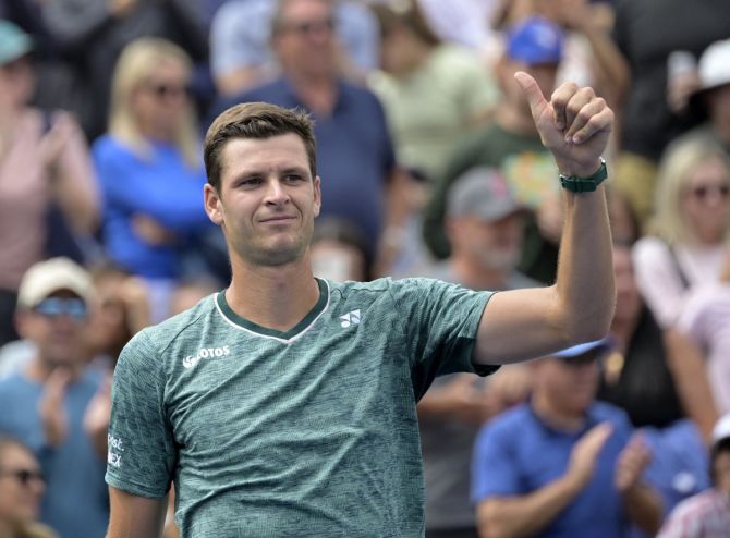 Poland's Hubert Hurkacz celebrates victory over Australia's Nick Kyrgios in the quarter-finals of the National Bank Open, at IGA Stadium in Montreal, Canada, on Friday.