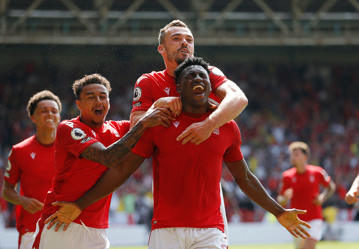 Nottingham Forest's Taiwo Awoniyi scores their first goal with teammates during their EPL match against West Ham United at The City Ground, Nottingham, on Saturday