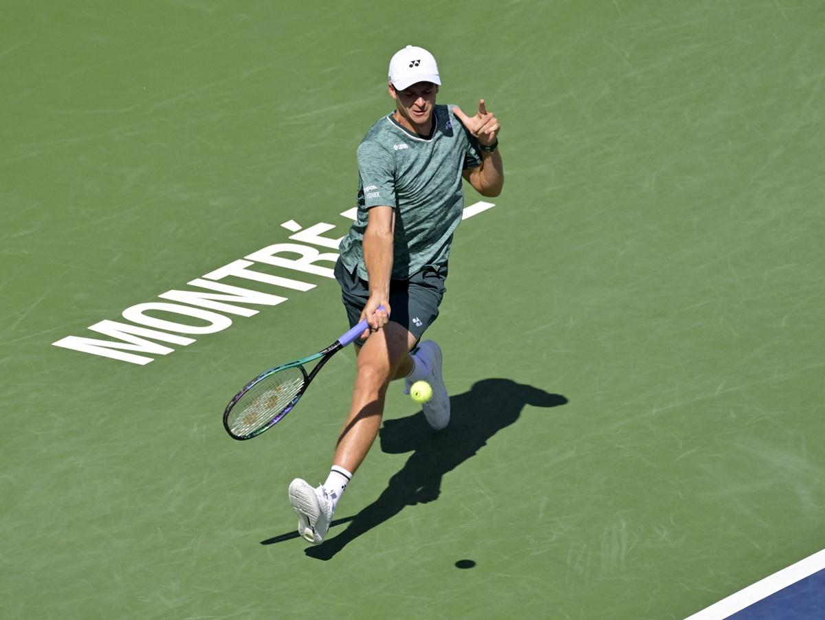 Poland's Hubert Hurkacz hits a forehand against Norway's Casper Ruud during the semi-finals of the Canadian Masters in Montreal on Saturday.