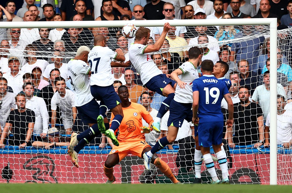 Tottenham Hotspur's Harry Kane heads in the equaliser during the match against Chelsea at Stamford Bridge in London on Sunday 