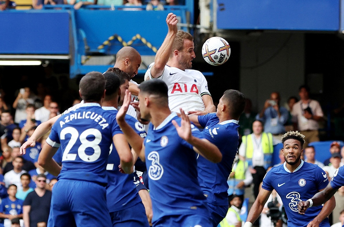 Harry Kane scores Tottenham Hotspur's second goal, the equaliser, against Chelsea in the Premier League match at Stamford Bridge, London, on Sunday.