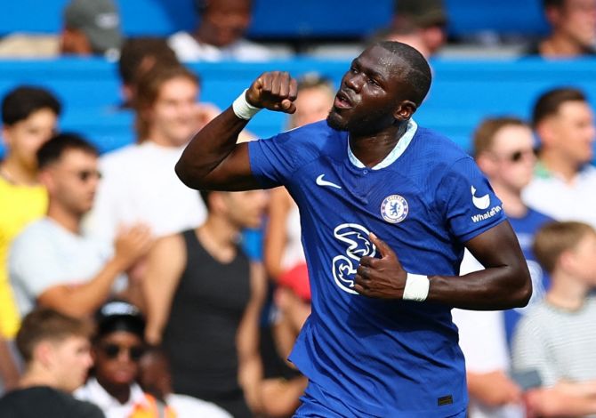 Kalidou Koulibaly celebrates putting Chelsea ahead in the match.