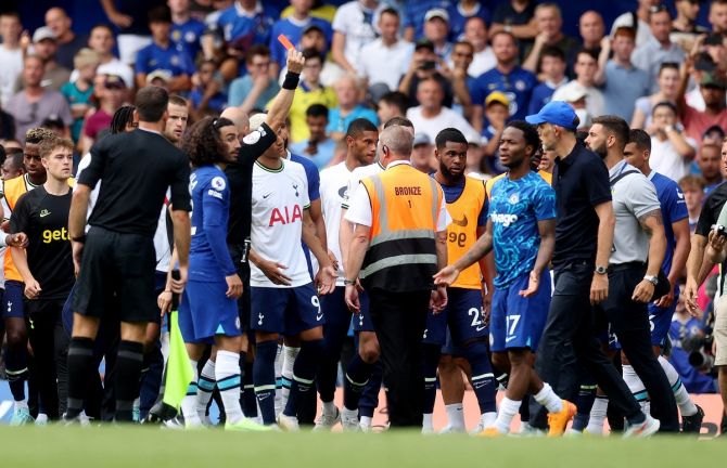 Chelsea manager Thomas Tuchel is shown a red card by referee Anthony Taylor after the match.