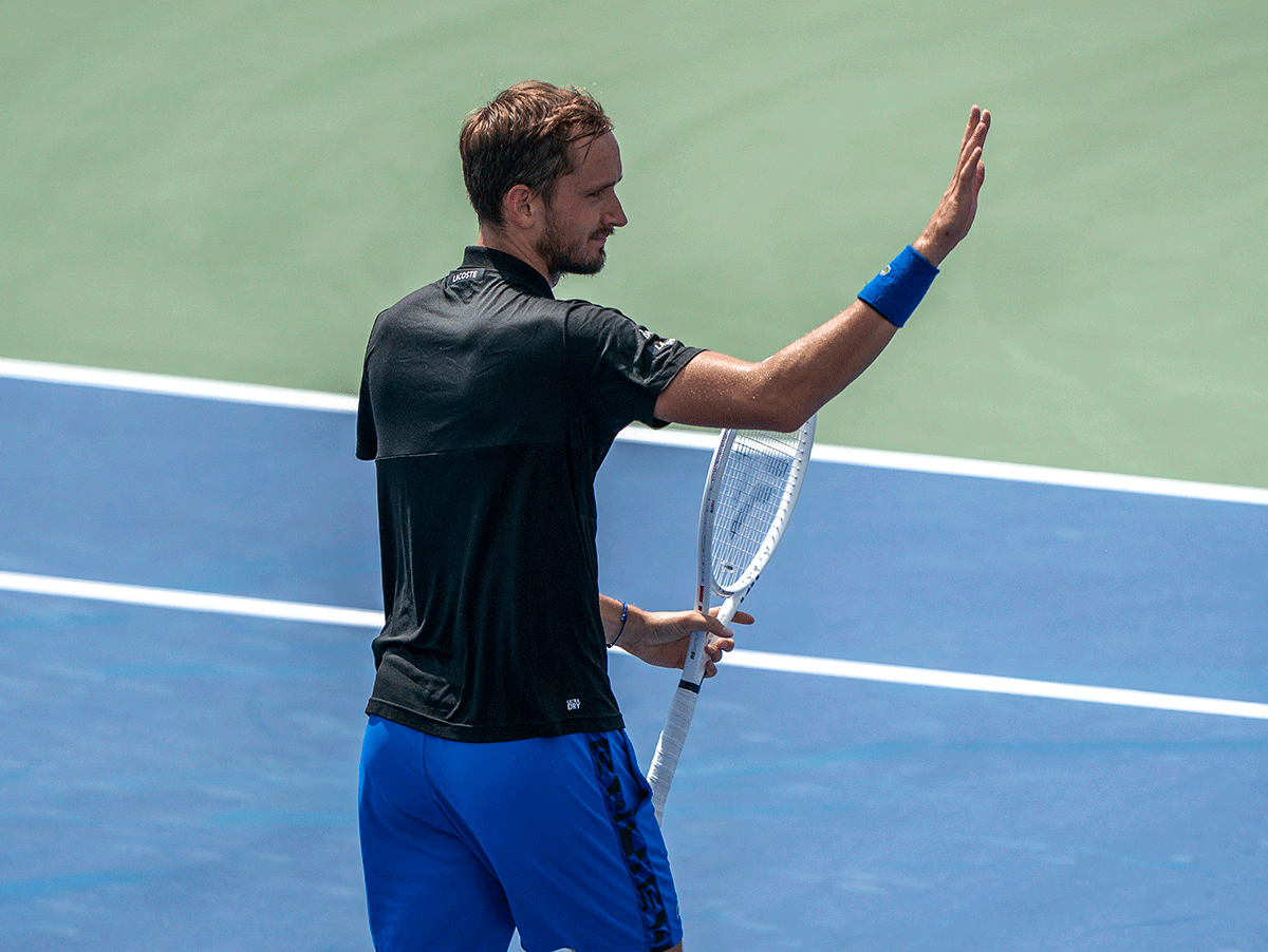 Russia's Daniil Medvedev acknowledges the spectators after defeating Canada's Denis Shapovalov at the Western & Southern Open at the at the Lindner Family Tennis Center in Cincinnati, Ohio, on Thursday