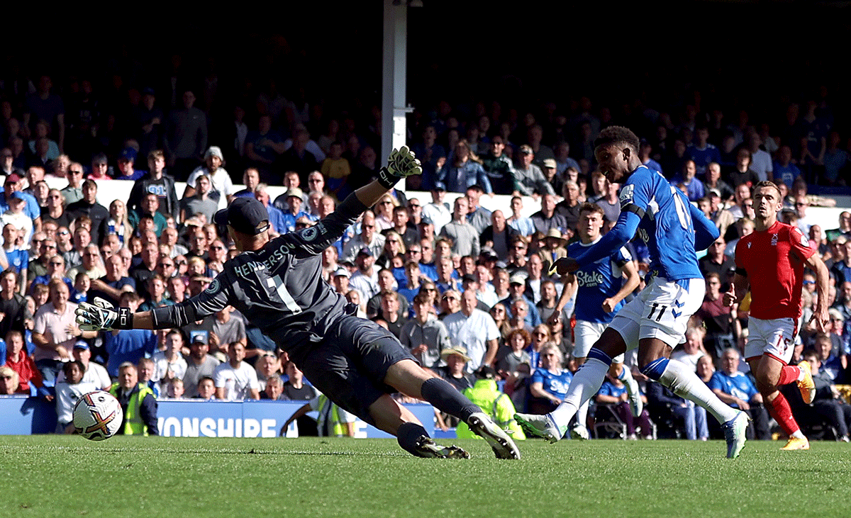 Everton's Demarai Gray scores against Nottingham Forest at Goodison Park in Liverpool