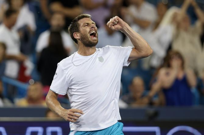 Great Britain's Cameron Norrie celebrates victory over Spain's Carlos Alcaraz.