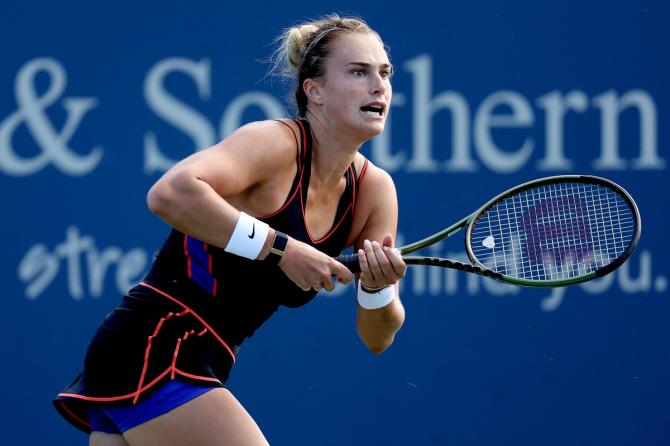 Belarus's Aryna Sabalenka gets into position for a return against China's Shuai Zhang.