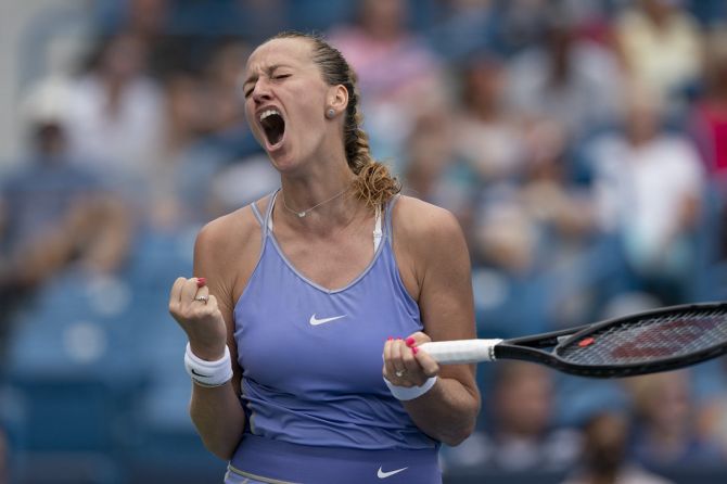 Petra Kvitova reacts after winning a point during her semi-final against Madison Keys at the Western & Southern Open at Lindner Family Tennis Center, in Cincinnati, Ohio, on Saturday.