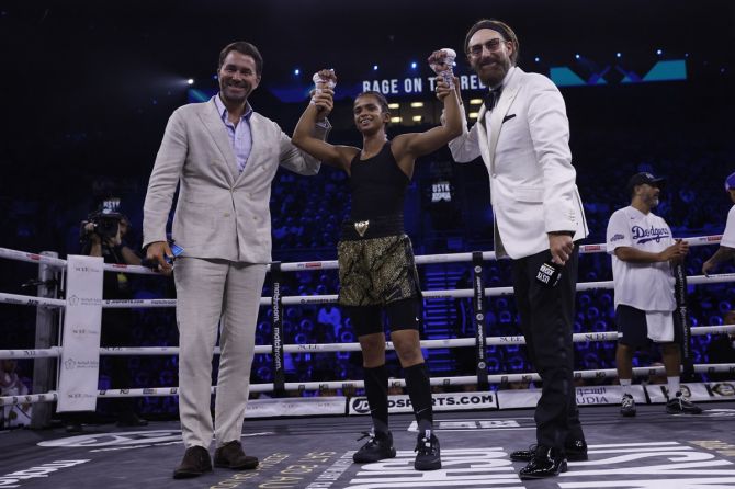 Ramla Ali celebrates winning her bout against Crystal Garcia Nova at King Abdullah Sports City Arena, in Jeddah, Saudi Arabia, on Saturday.