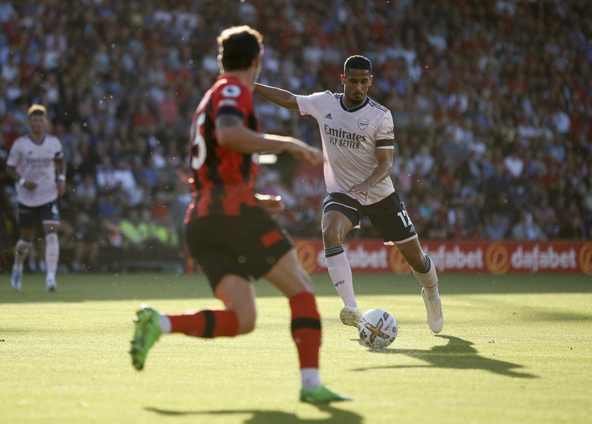 William Saliba gets into position to score Arsenal's third goal.