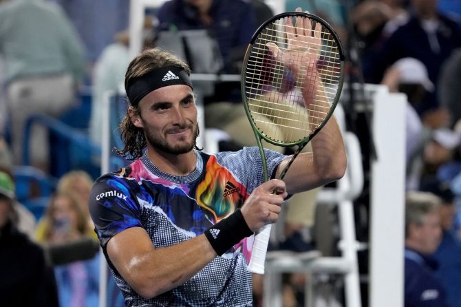 Stefanos Tsitsipas celebrates victory over Daniil Medvedev in the semi-finals of the Western & Southern Open at the Lindner Family Tennis Center on Saturday.