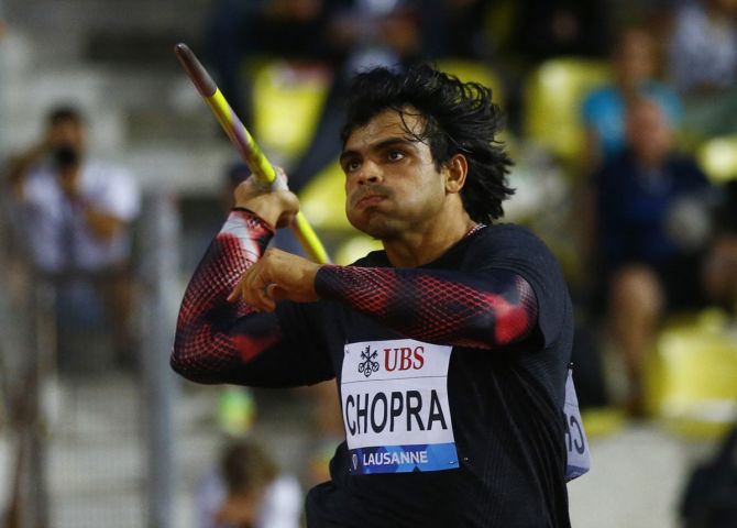Neeraj Chopra in action during the men's javelin throw at the Diamond League meeting in Lausanne, Switzerland, on Friday.