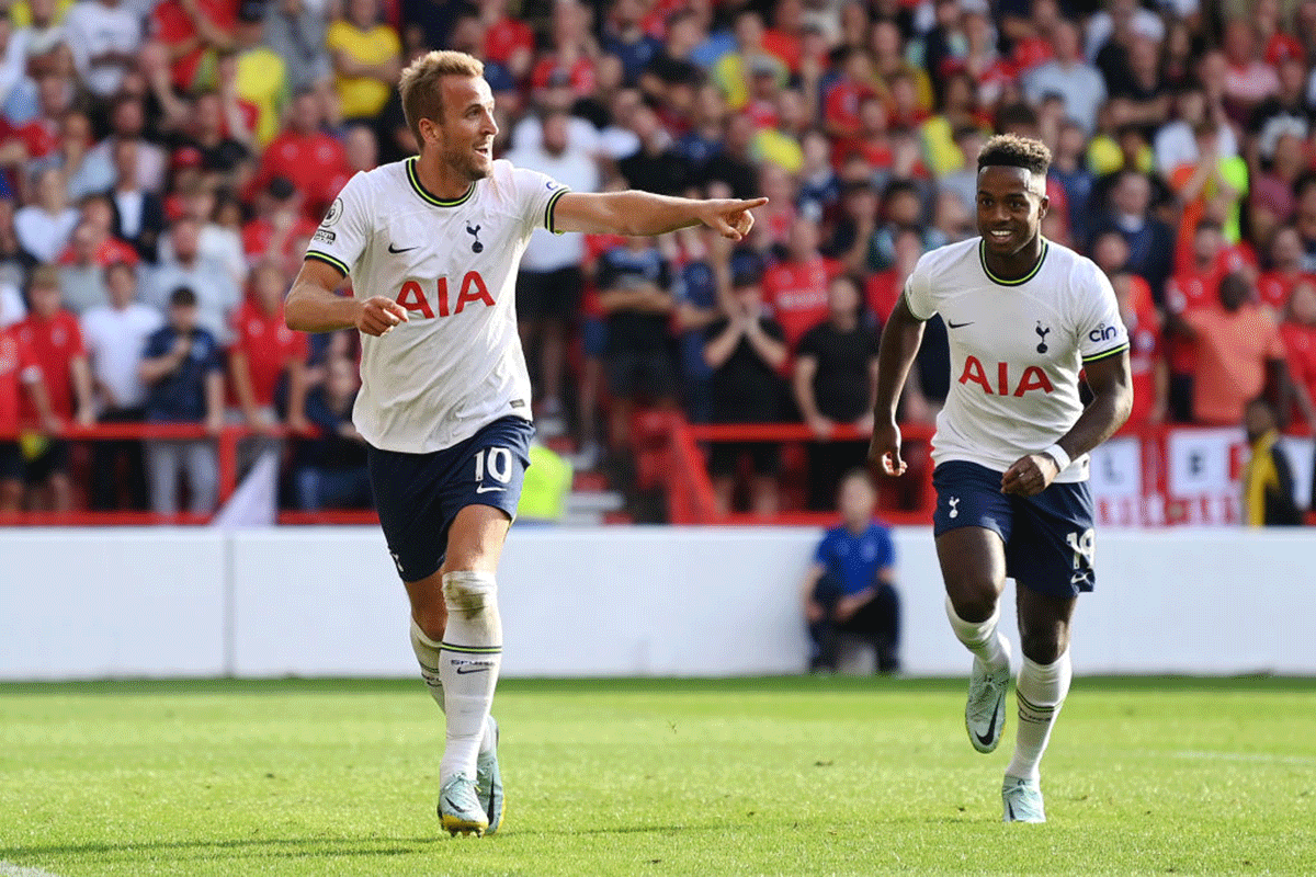 Tottenham Hotspur's Harry Kane celebrates after scoring their team's second goal during their match against Nottingham Forest at City Ground in Nottingham on Sunday