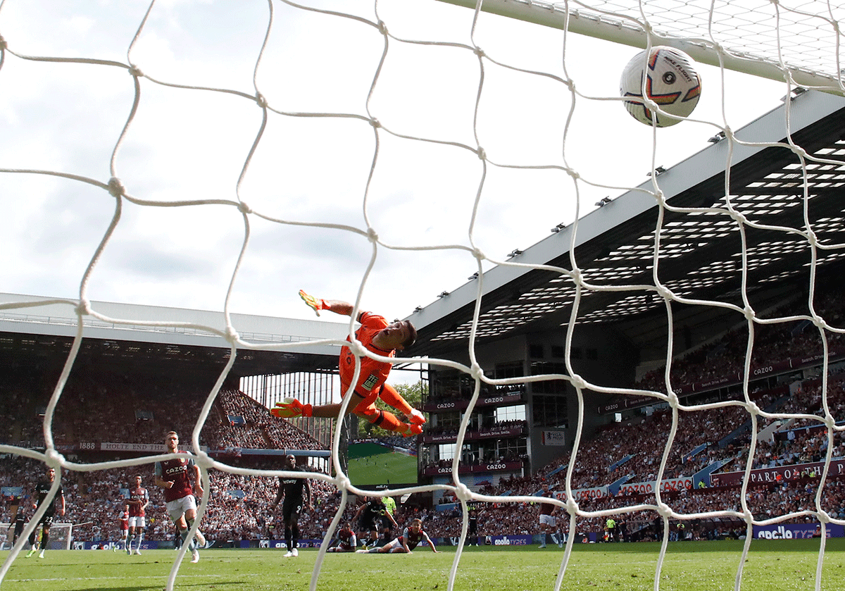 West Ham United's Pablo Fornals scores their first goal against Aston Villa at Villa Park in Birmingham