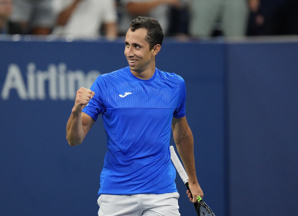 Colombia's Daniel Elahi Galan celebrates match-point against Greece's Stefanos Tsitsipas.