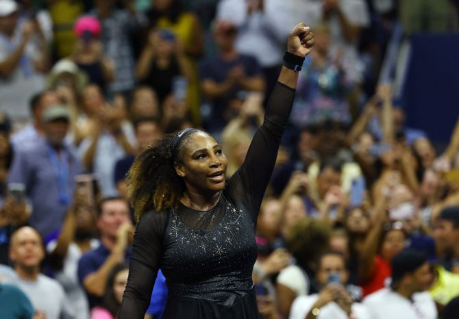 Serena Williams celebrates victory over Montenegro's Danka Kovinic in the first round of the US Open, at Flushing Meadows, in New York, on Monday night.
