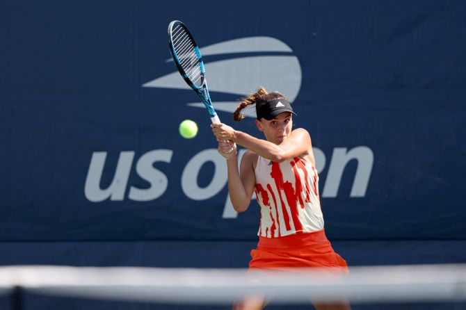France's Clara Burel returns a shot against Kazakhstan Elena Rybakina in the women's singles first round match on Day 2 of the 2022 US Open.