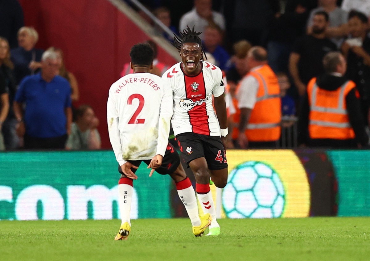 Romeo Lavia celebrates scoring Southampton's opening goal with Kyle Walker-Peters during the Premier League match against Southampton, at St Mary's Stadium, Southampton, on Tuesday.