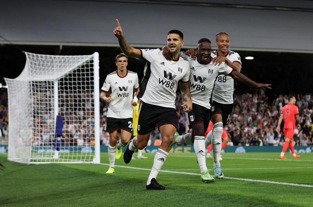 Aleksandar Mitrovic celebrates scoring Fulham's first goal with Neeskens Kebano, Joao Palhinha and Bobby Decordova-Reid, against Brighton & Hove Albion, at Craven Cottage, London.