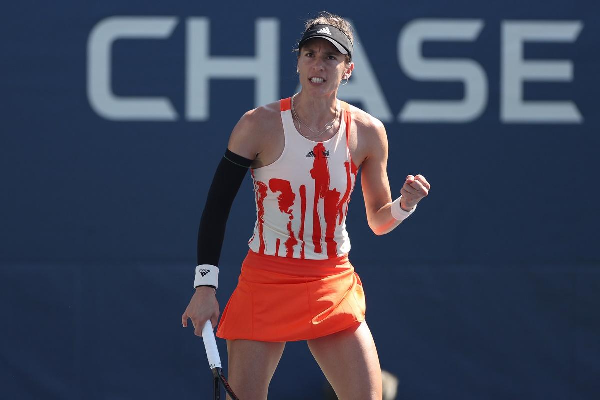 Germany's Andrea Petkovic reacts after winning a game against Switzerland's Belinda Bencic in the first round of the women's singles at the 2022 US Open on Tuesday.