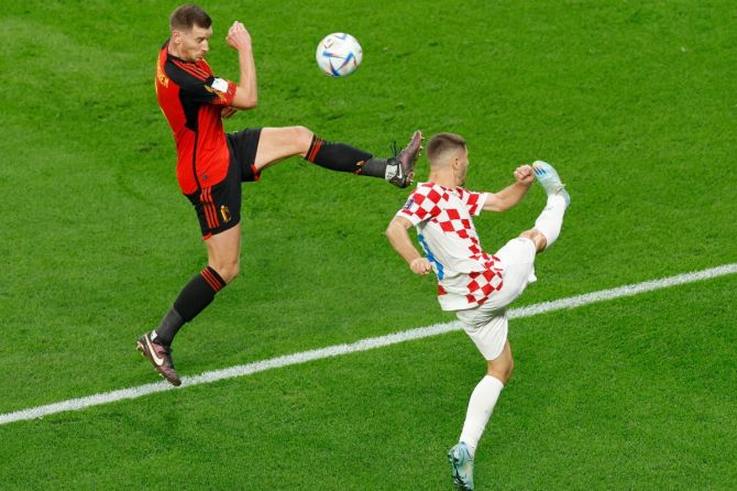 Belgium's Jan Vertonghen in action with Croatia's Andrej Kramaric