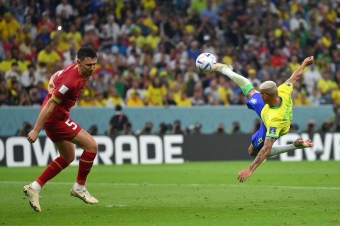 Brazil's Richarlison scores their team's second goal against Serbia