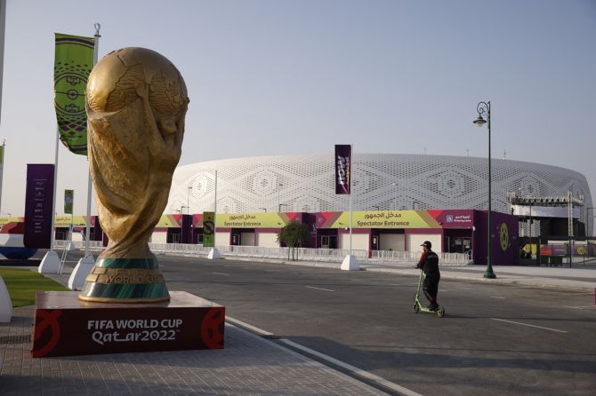 A replica the World Cup trophy outside the Al Thumama Stadium in Doha, Qatar.