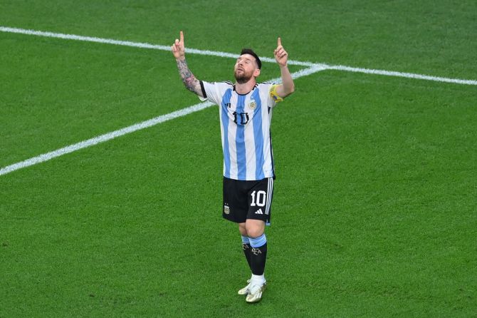 Lionel Messi celebrates scoring Argentina's first goal during the World Cup Round of 16 match against Australia, at Ahmad Bin Ali Stadium in Doha, Qatar, on Saturday. 