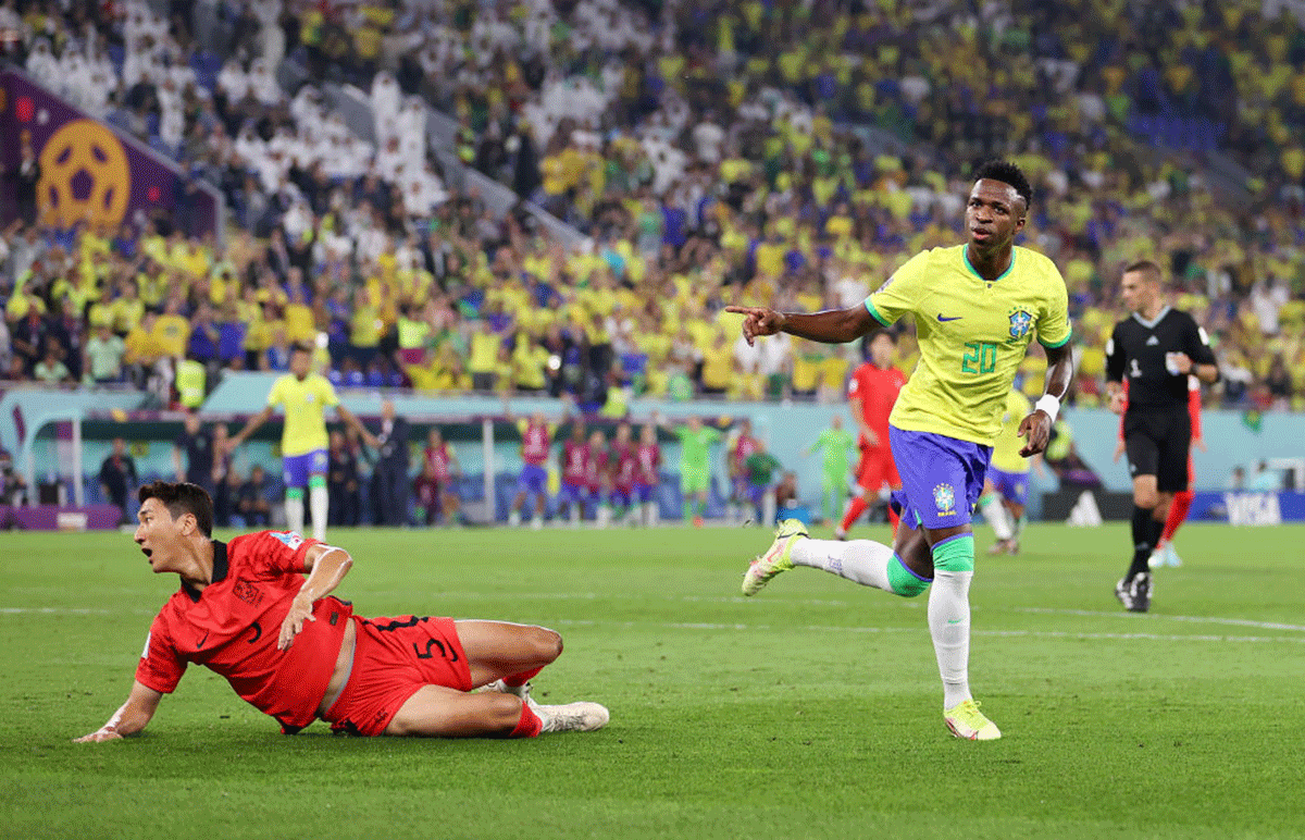 Brazil's Vinicius Junior celebrates after scoring the team's first goal at Stadium 974