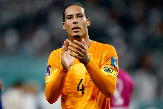 Netherlands' Virgil van Dijk celebrates after the match as Netherlands progress to the quarter-finals