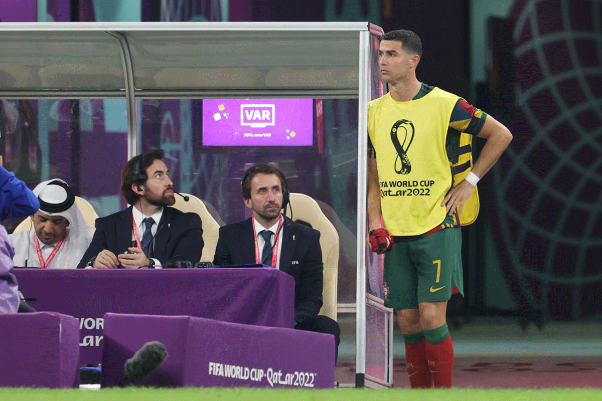 Portugal's Cristiano Ronaldo watches proceedings from the sidelines