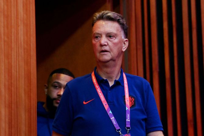 Netherlands coach Louis van Gaal and Memphis Depay ahead of the press conference