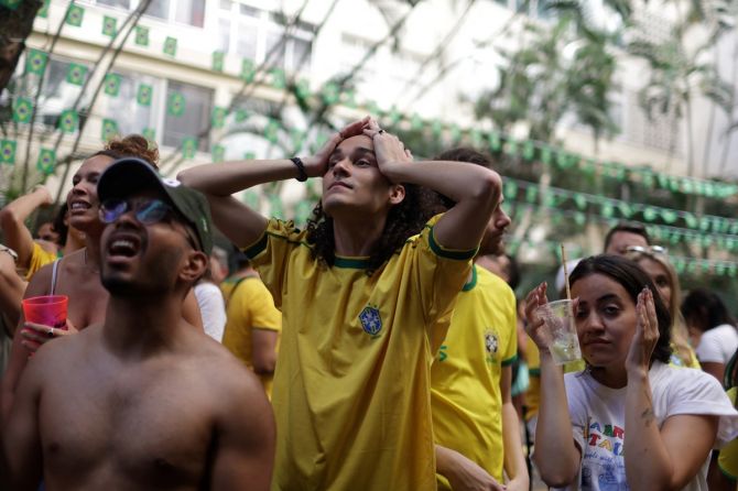 Brazilian fans react after the World Cup 2022 quarter-final against Croatia, in Rio de Janeiro, Brazil, on Friday.