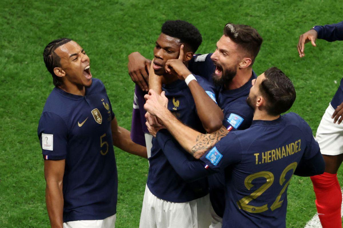 France's Aurelien Tchouameni celebrates with teammates after scoring the team's first goal