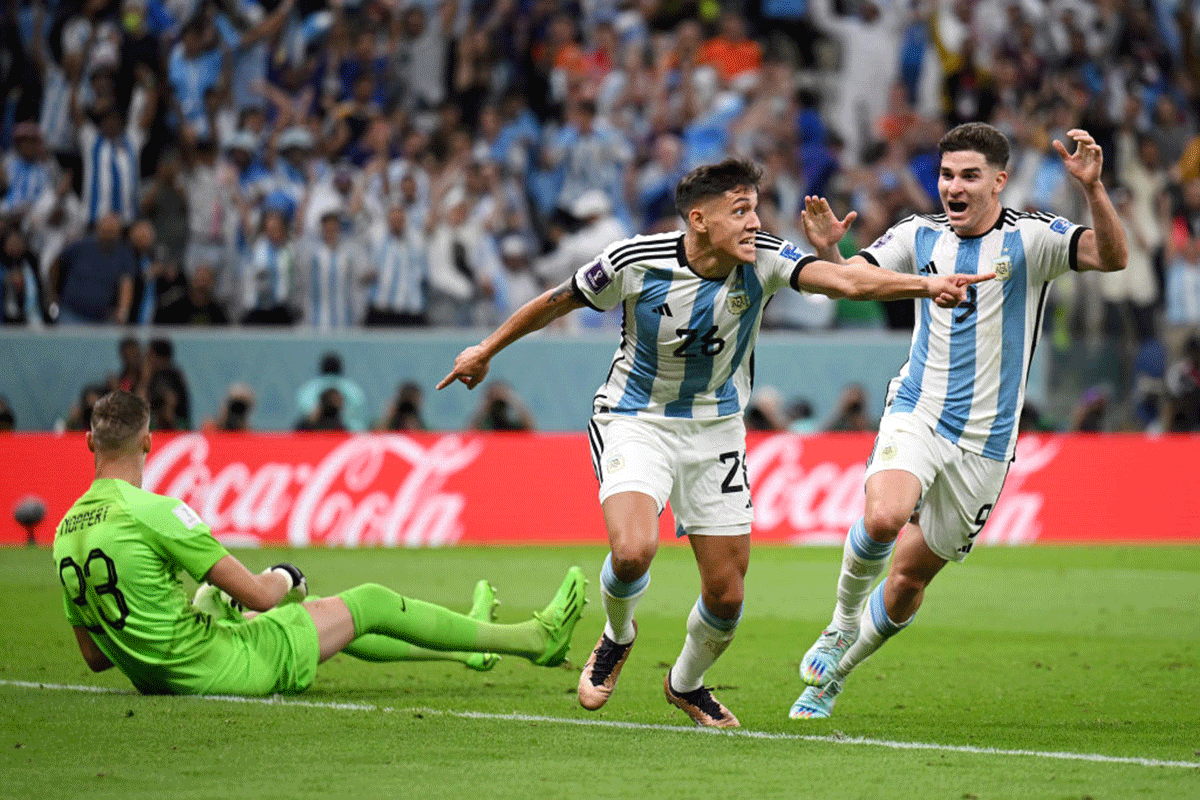 Argentina's Nahuel Molina celebrates after scoring the opener