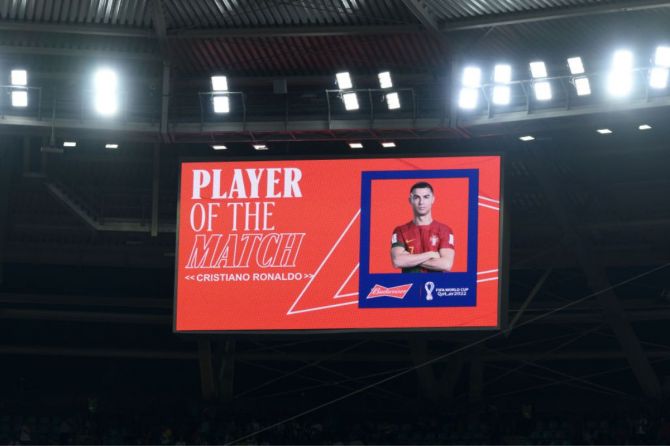 he LED board showing a Budweiser Player of the Match award at Stadium 974.