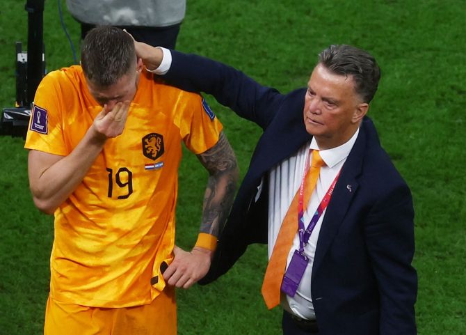 Coach Louis van Gaal consoles Wout Weghorst after the penalty shoot-out in the World Cup quarter-final against Argentina, at Lusail Stadium, Qatar, on Friday, as the Netherlands are eliminated.