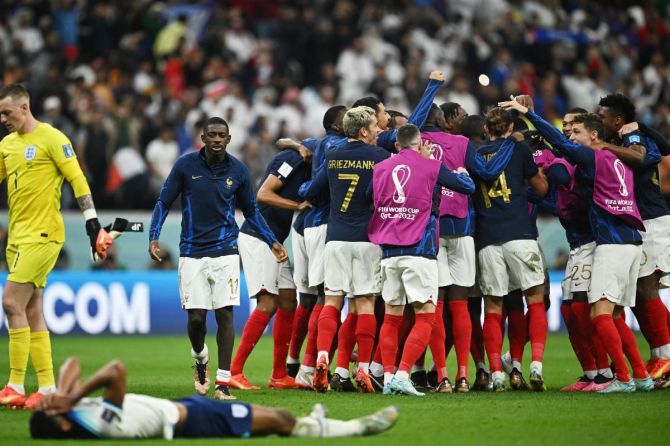 France players celebrate after the match as France progress to the semi-finals