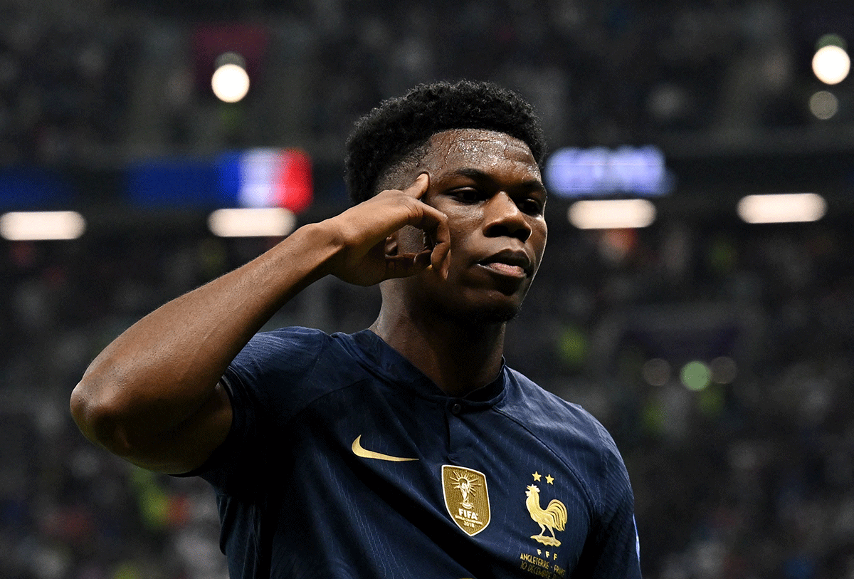 France's Aurelien Tchouameni celebrates scoring their first goal