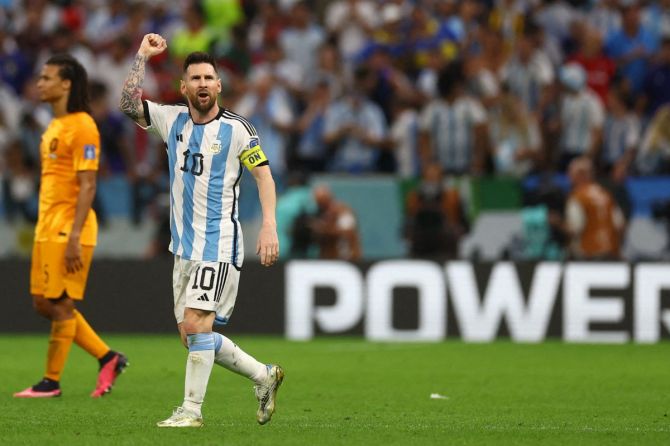 Argentina's Lionel Messi celebrates scoring their second goal