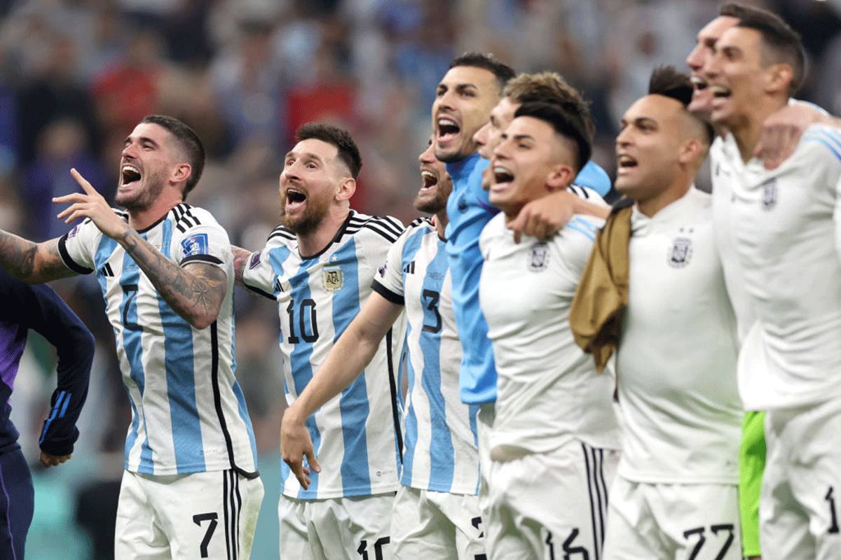 Rodrigo De Paul and Lionel Messi of Argentina celebrate after the team's victory