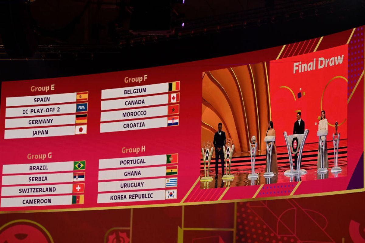 A LED displays the Fifa World Cup Qatar 2022 Final Draw results for Groups E, F, G and H