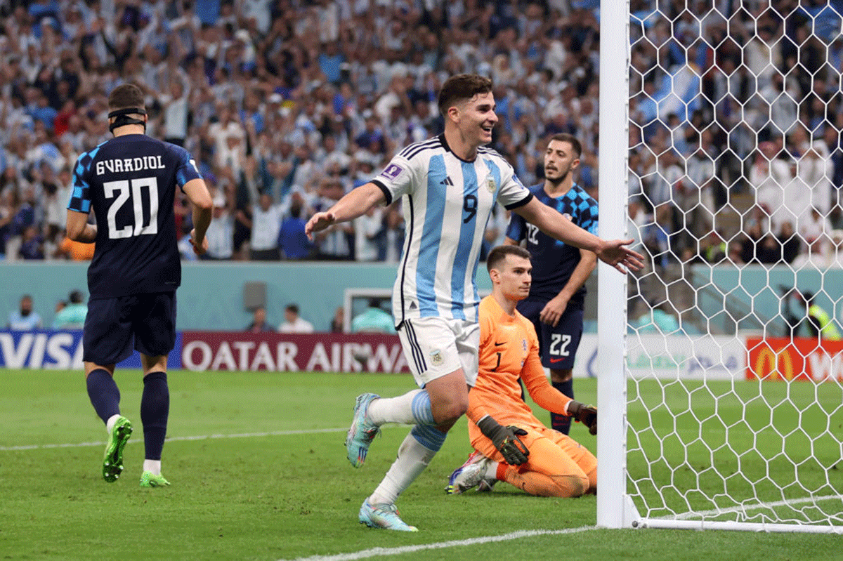 Argentina's Julian Alvarez celebrates after scoring the team's third goal.