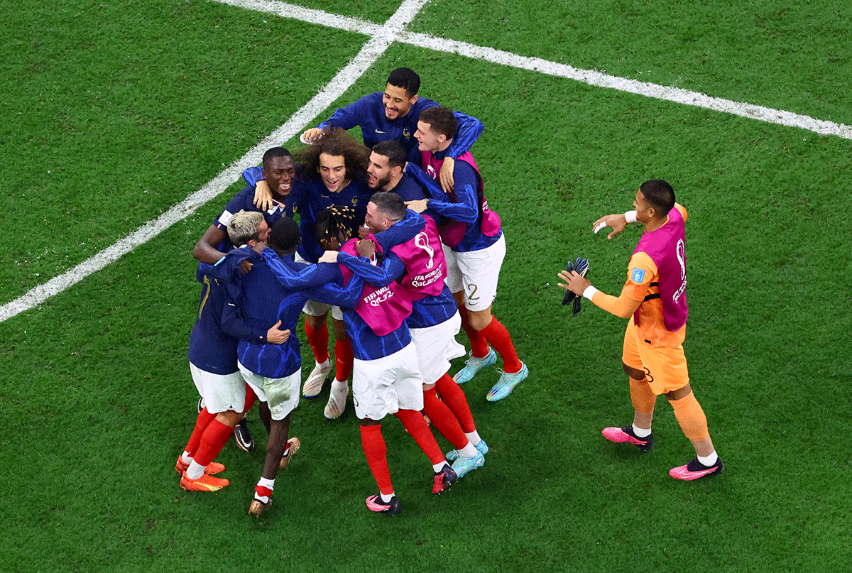 France players celebrate after their win over Morocco to progress to the final 