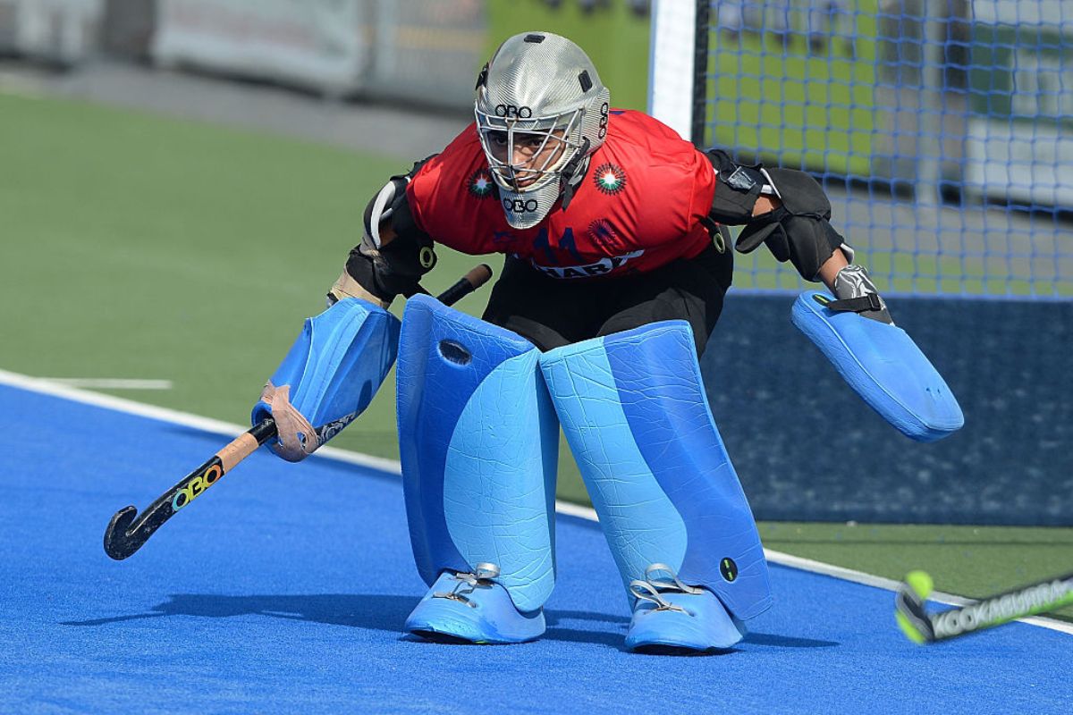 Savita Punia of India guards the goal