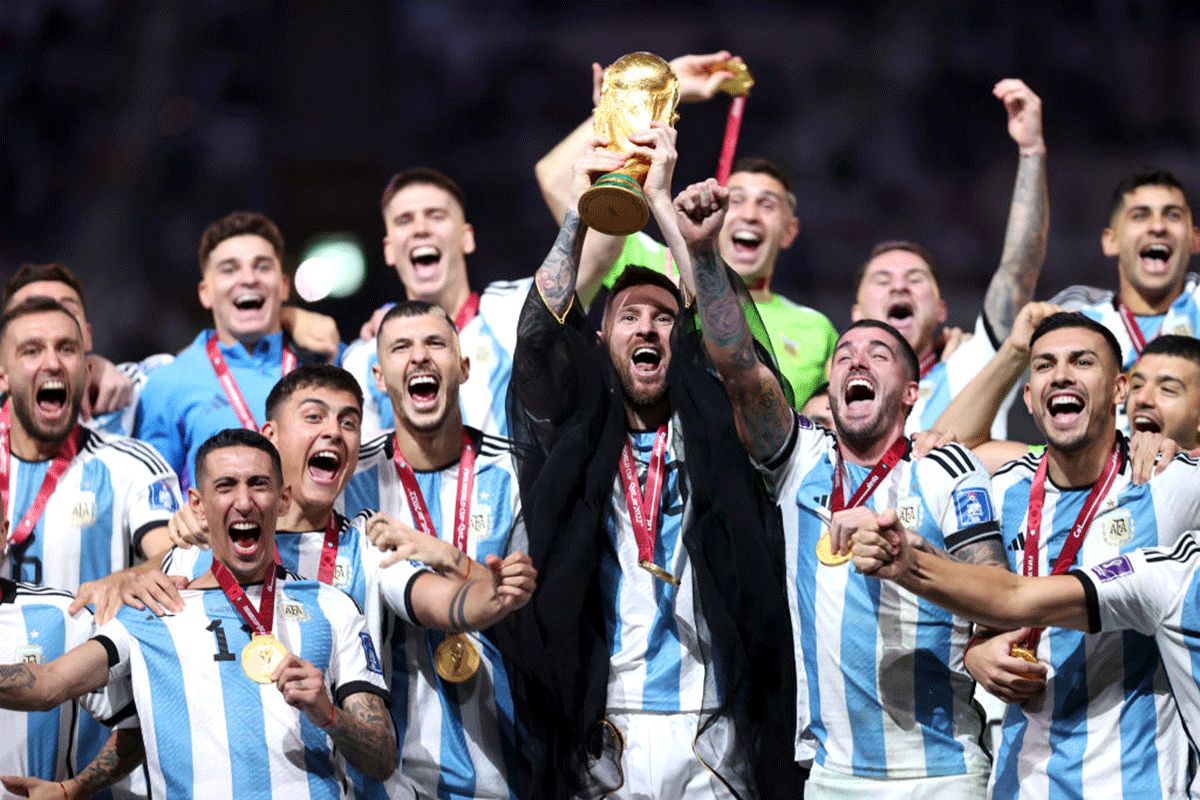 Argentina captain Lionel Messi  lifts the FIFA World Cup Qatar 2022 Winner's Trophy at Lusail Stadium on Sunday
