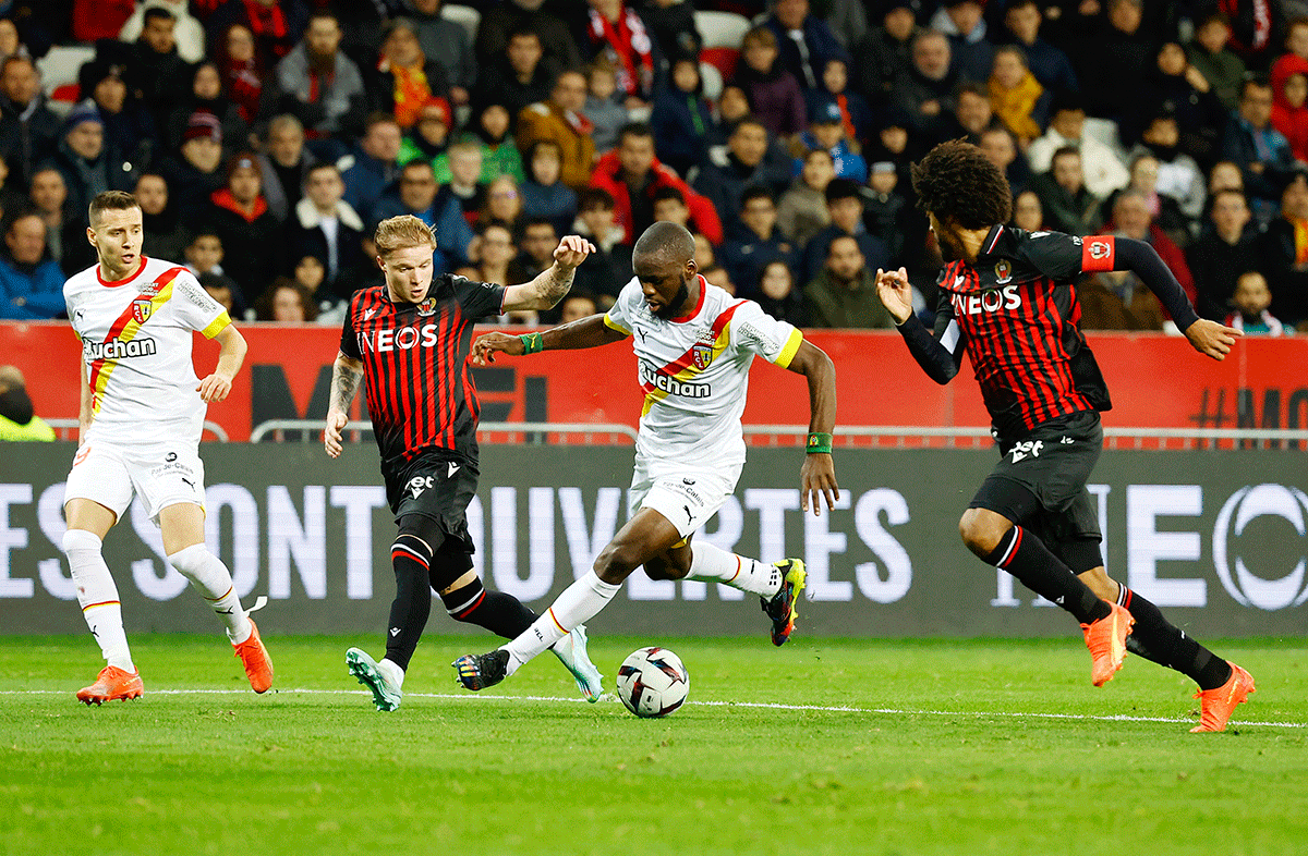 RC Lens' Jean Onana in action during their Ligue 1 match against OGC Nice at Allianz Riviera, Nice, France on Thursday