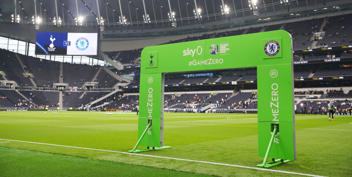 The Premier League #GameZero handshake board is seen inside the stadium prior to the Premier League match between Tottenham Hotspur and Chelsea at Tottenham Hotspur Stadium on September 19, 2021 in London. Spurs and Liverpool topped the Sport Positive's 2021 Green League, published by the BBC, which rates each of England's top-flight clubs in measures they are taking to combat the threat of climate change.