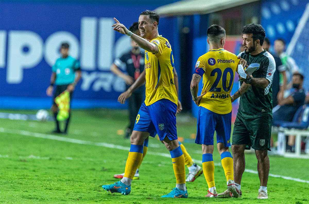 Alvaro Vazquez celebrates after scoring Kerala Blasters' second goal against NEUFC during their ISL match in Vasco on Friday