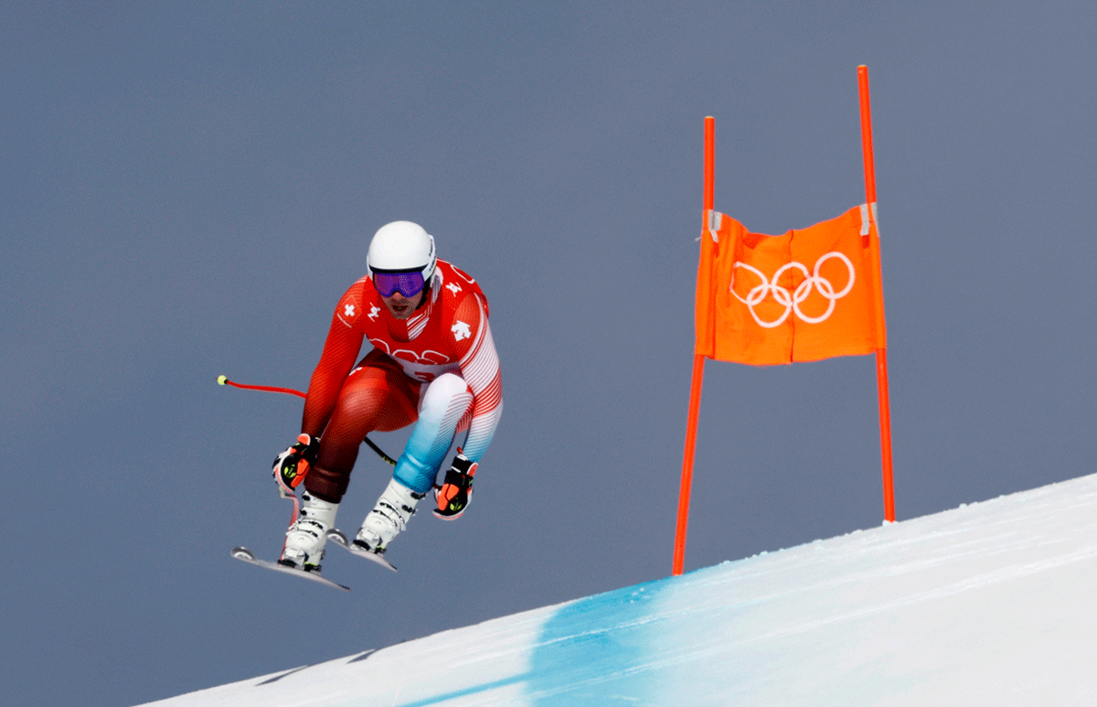 Beat Feuz of Switzerland in action during the Alpine Skiing Men's Downhill event at Yanqing district, Beijing